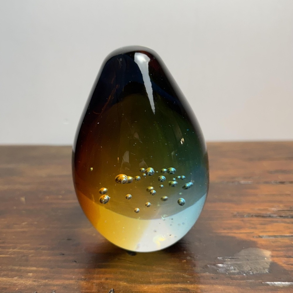 Unmarked Art Glass Teardrop Paperweight Multicolor Blue Amber Bubble Design